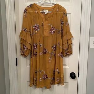 Fig and Flower Mustard Sheer Tunic Dress Sz Small Embroidered‎ Floral Bohemian